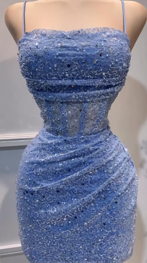 Vestido corto de fiesta de cumpleaños con lentejuelas y tirantes finos en azul brillante, ajustado, de tul y encaje, ED02686