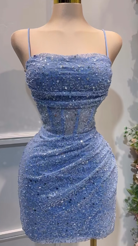 Vestido corto de fiesta de cumpleaños con lentejuelas y tirantes finos en azul brillante, ajustado, de tul y encaje, ED02686