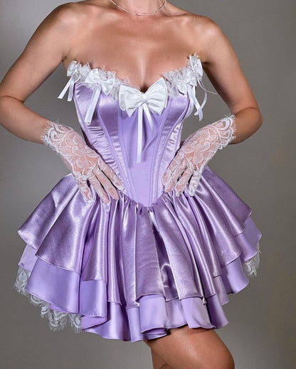 Stunning Purple Strapless A-Line Satin Lace Short Prom Dresses Homecoming Dress ED02688