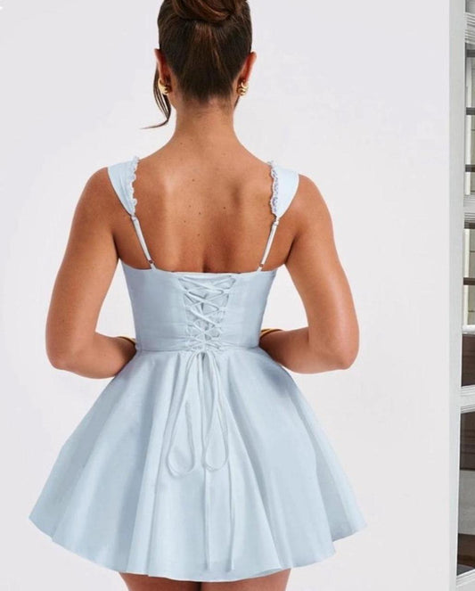 Vestido de fiesta corto de satén azul con escote cuadrado y corte A, estilo dulce para el regreso a casa ED02689