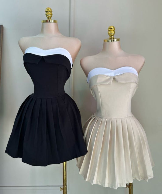 Elegante vestido de fiesta corto de satén negro sin tirantes, corte A, vestido de bienvenida ED02690