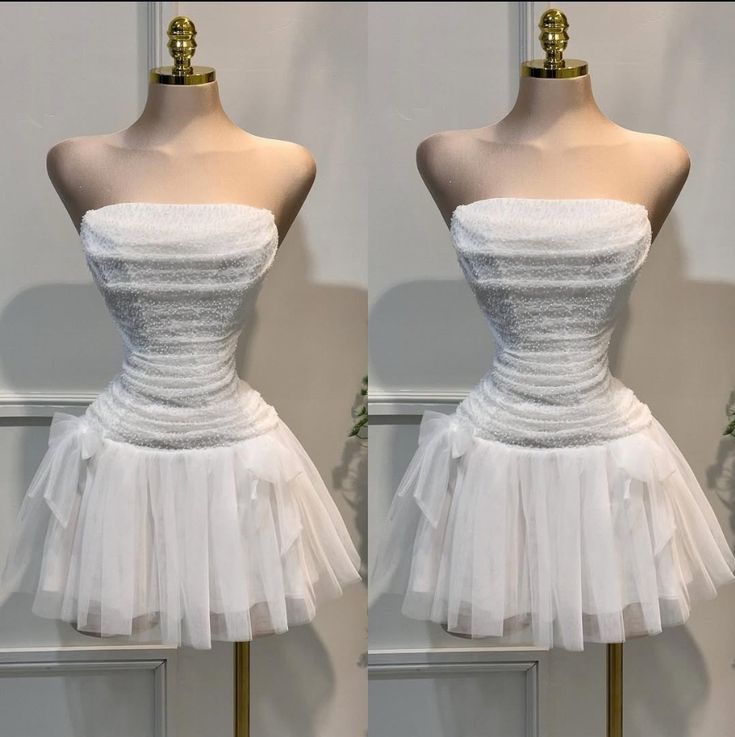 Elegante vestido de fiesta corto de tul blanco sin tirantes, corte A, vestido de fiesta de moda ED02696