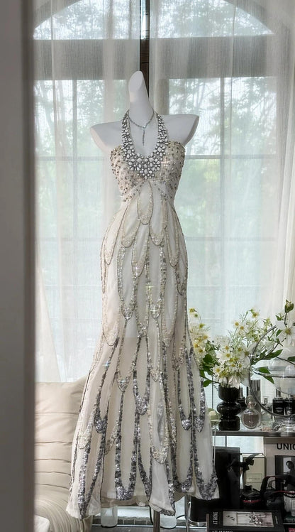 Hermosos vestidos de fiesta largos de gasa con lentejuelas y cuello halter blanco, corte A, vestidos de noche formales ED02699