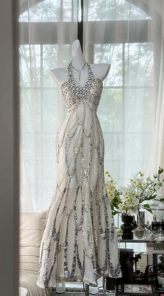 Hermosos vestidos de fiesta largos de gasa con lentejuelas y cuello halter blanco, corte A, vestidos de noche formales ED02699