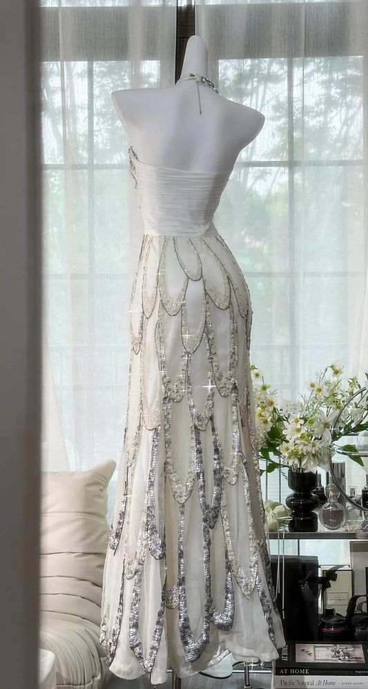 Hermosos vestidos de fiesta largos de gasa con lentejuelas y cuello halter blanco, corte A, vestidos de noche formales ED02699