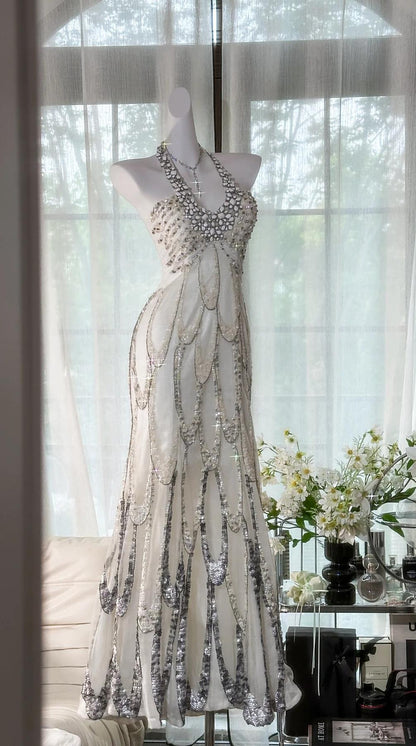 Hermosos vestidos de fiesta largos de gasa con lentejuelas y cuello halter blanco, corte A, vestidos de noche formales ED02699