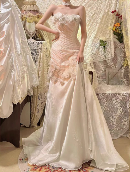 Hermosos vestidos de fiesta largos de tul con apliques de sirena, sin tirantes, blancos, vestidos de noche formales ED02702