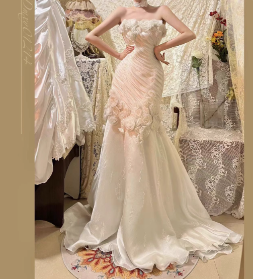 Hermosos vestidos de fiesta largos de tul con apliques de sirena, sin tirantes, blancos, vestidos de noche formales ED02702