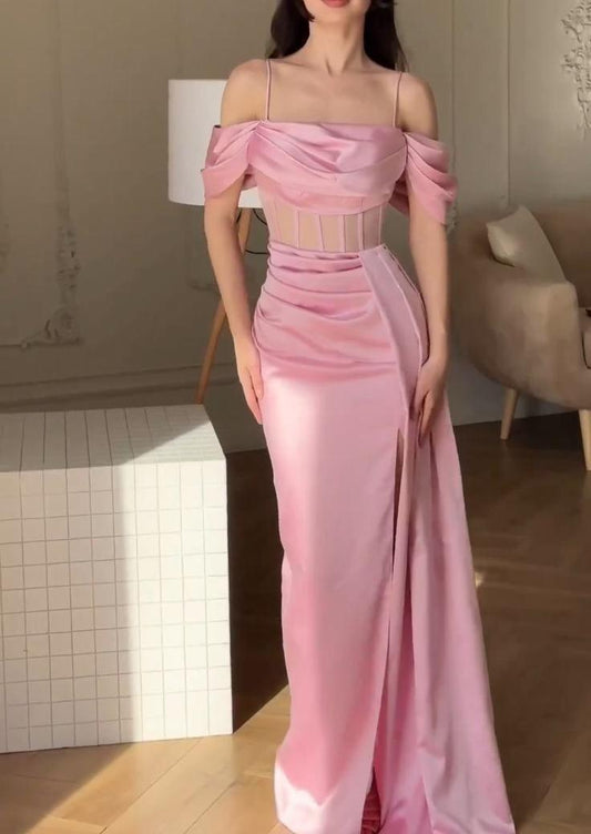Vestido de fiesta largo de satén con escote en V y hombros descubiertos en color rosa dulce, vestido formal de noche con aberturas ED02712