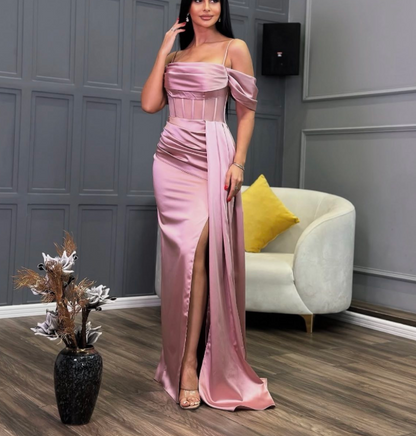 Sweet Pink Off Shoulder Sheath Satin Long Prom Dresses Formal Evening Gowns with Slits ED02712