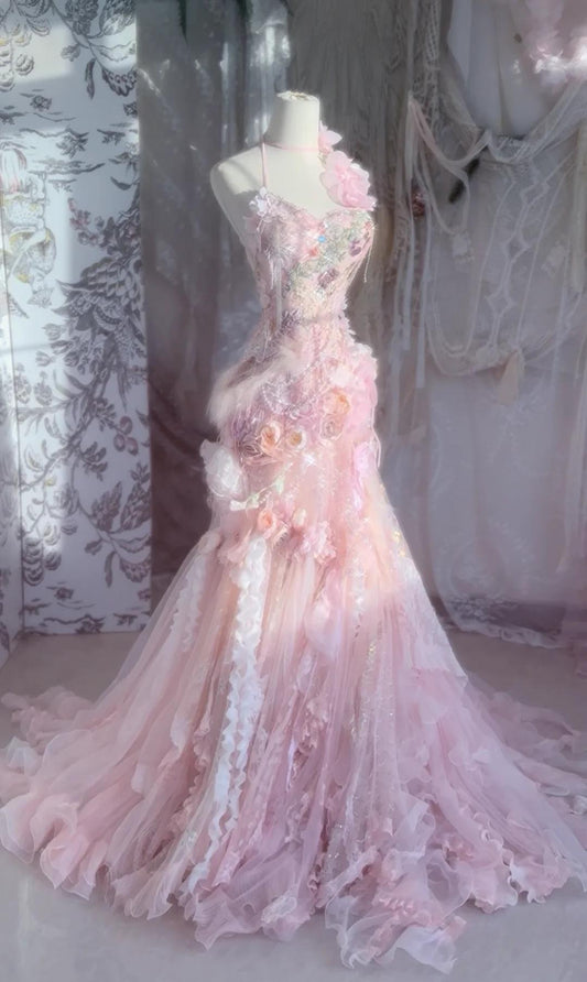 Fairytale Pink Sweetheart Mermaid Tulle Long Prom Dresses Formal Evening Gowns with Appliques ED02713