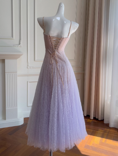Fairytale Purple Spaghetti Straps A-Line Lace Tulle Long Prom Dresses Gorgeous Birthday Evening Gowns ED02719