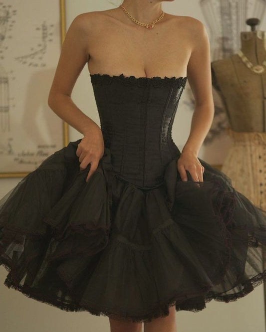 Elegante vestido de fiesta negro sin tirantes, corte A, de satén y encaje, corto, para regreso a casa, ED02735
