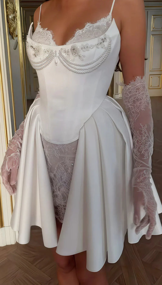 Stunning White Spaghetti Straps A-Line Satin Lace Short Wedding Dresses Homecoming Dresses with Pearls ED02736