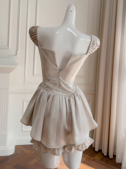 Elegante vestido de fiesta corto de satén con escote cuadrado color champán, corte A, para regreso a casa, ED02739