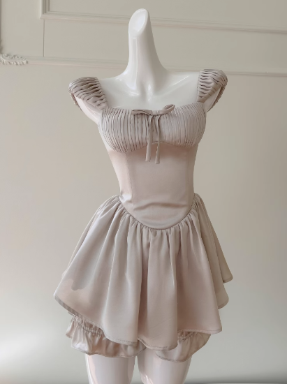 Elegante vestido de fiesta corto de satén con escote cuadrado color champán, corte A, para regreso a casa, ED02739