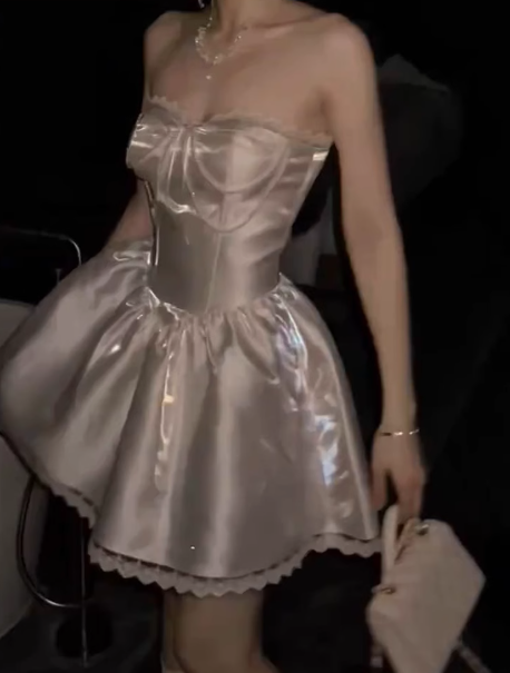 Gorgeous White Strapless A-Line Satin Short Prom Dresses Homecoming Dresses with Pearls ED02740