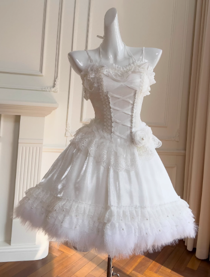 Vestidos de fiesta cortos de tul con encaje y tirantes finos blancos, corte A, con cuentas, ED02743