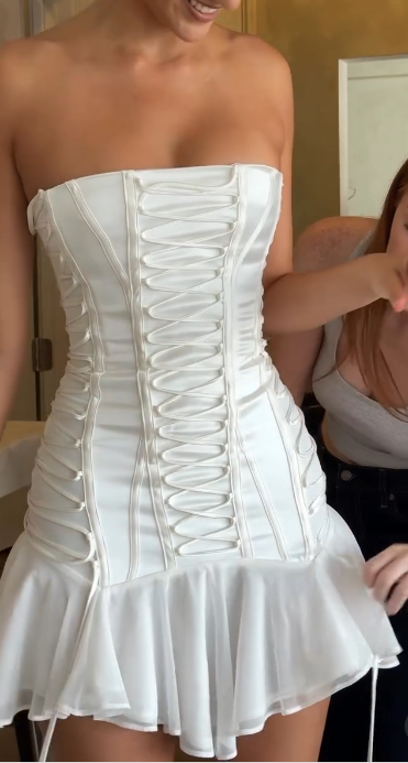 Vestidos de fiesta cortos de satén blanco, sin tirantes, ajustados, de gasa y satén, para regreso a casa, ED02768