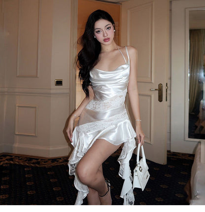 Vestidos de fiesta cortos de satén con tirantes finos, blancos y sexys, con encaje y volantes, ED02779