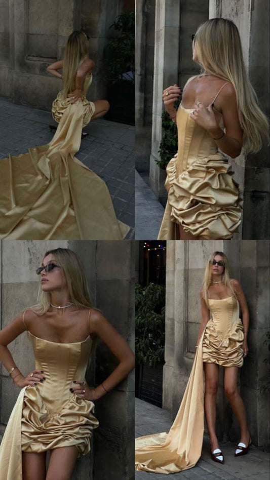 Vestidos de fiesta cortos de satén con tirantes finos en amarillo glamuroso, vestidos de regreso a casa ED02783