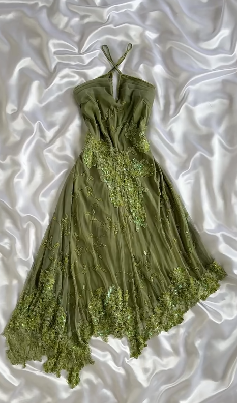 Hermoso vestido de fiesta corto de gasa con cuello halter verde, apliques y cuentas, estilo vintage ED02787