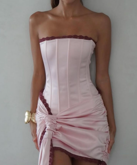 Vestidos de fiesta cortos de satén ajustados, sin tirantes y en rosa glamuroso, vestidos de regreso a casa ED02800