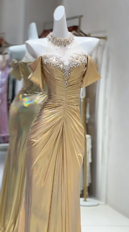 Elegante vestido de fiesta largo de satén amarillo con hombros descubiertos y corte sirena, vestido formal de noche ED02810