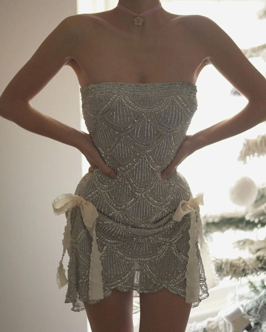 Vestidos de fiesta cortos de tul con cuentas y escote tipo boycon, sin tirantes, color plateado, para regreso a casa, ED02827