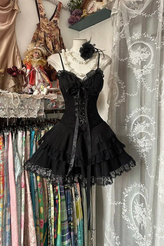 Vestidos de fiesta cortos de tul con encaje y tirantes finos en negro, corte A, ED02830
