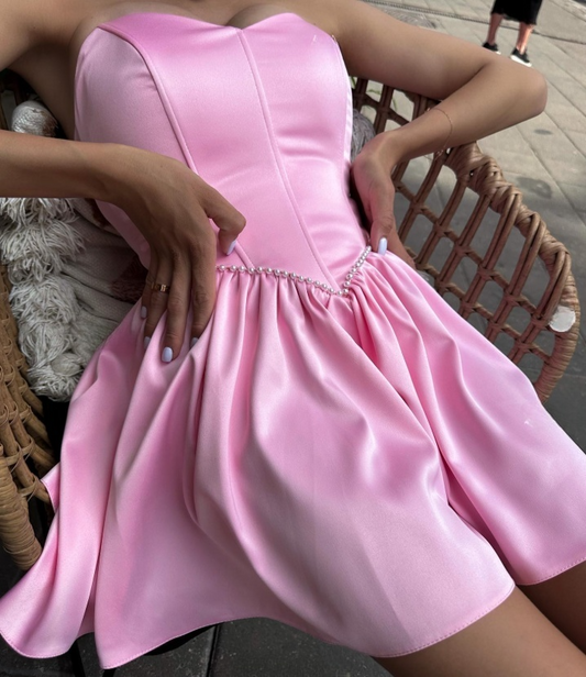 Vestidos de fiesta cortos de satén rosa sin tirantes, corte A, de moda, vestidos de bienvenida ED02841