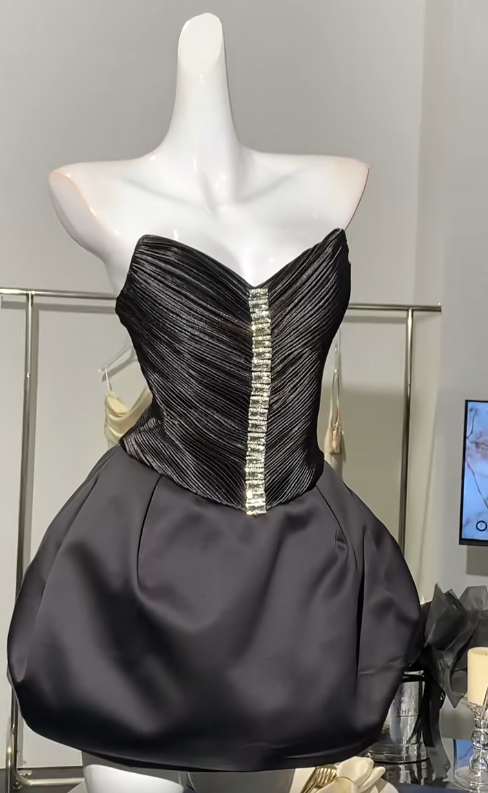 Elegante vestido de fiesta negro sin tirantes, corte A, de satén, corto, para regreso a casa, ED02842