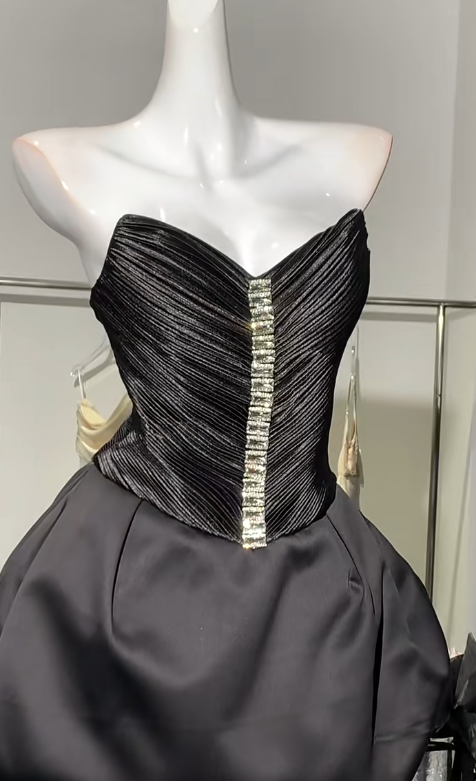 Elegante vestido de fiesta negro sin tirantes, corte A, de satén, corto, para regreso a casa, ED02842