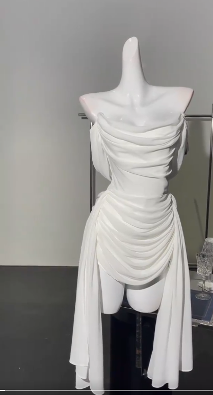 Elegante vestido de fiesta corto de gasa con hombros descubiertos, color blanco, para regreso a casa, ED02861 