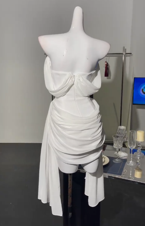 Elegante vestido de fiesta corto de gasa con hombros descubiertos, color blanco, para regreso a casa, ED02861 