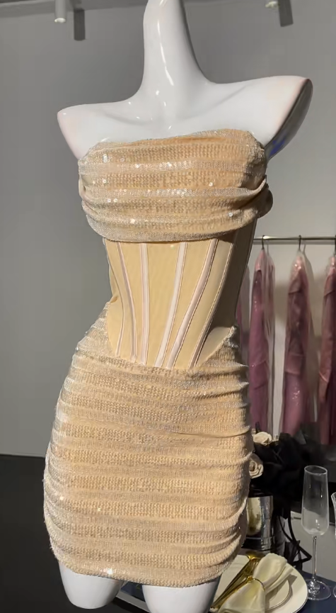 Elegante vestido de fiesta corto de terciopelo, ajustado, sin tirantes, color champán claro, para regreso a casa, ED02864 
