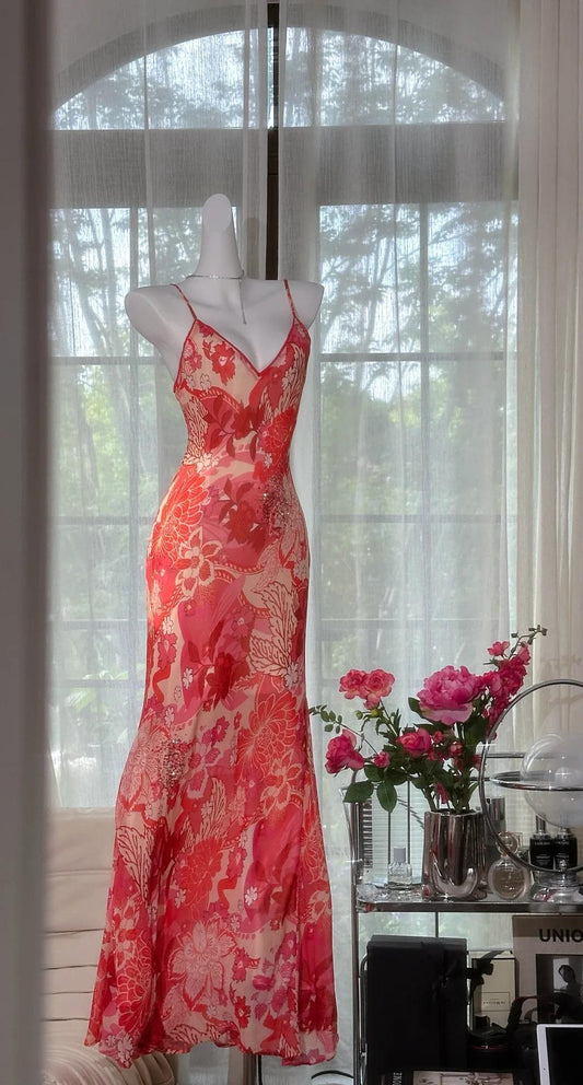 Hermosos vestidos de fiesta largos de gasa con tirantes finos rojos y cuentas, vestidos de noche vintage ED02888