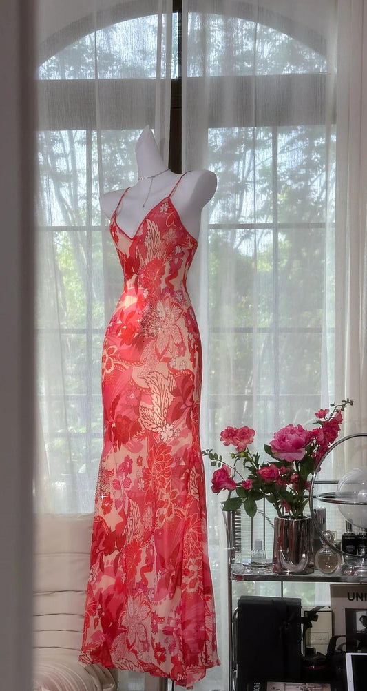 Hermosos vestidos de fiesta largos de gasa con tirantes finos rojos y cuentas, vestidos de noche vintage ED02888