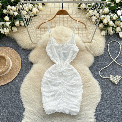 Vestido de fiesta corto de encaje ajustado con tirantes finos blanco ED02903