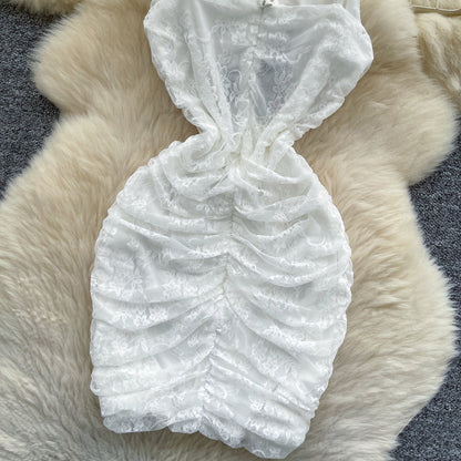 Vestido de fiesta corto de encaje ajustado con tirantes finos blanco ED02903