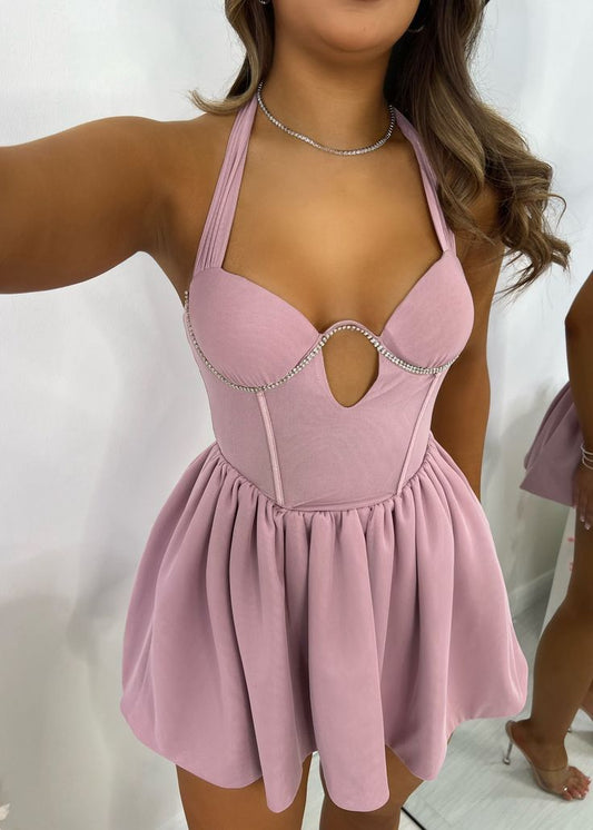 Vestido de fiesta corto de satén con escote halter, sexy, color gris y rosa, para fiesta de cumpleaños ED02914