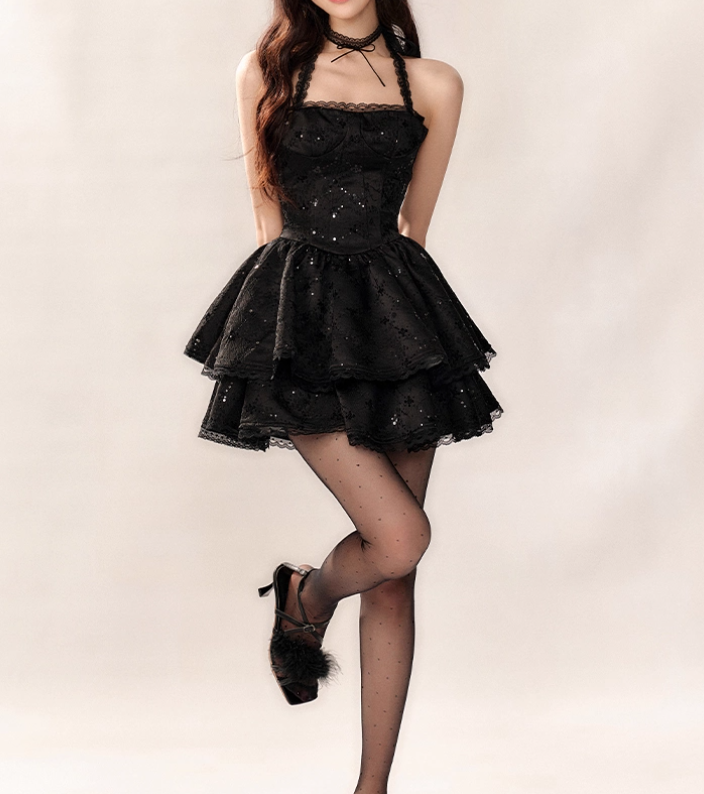 Vestido de fiesta corto de tul con encaje, escote halter y lentejuelas, color negro, corte A, para la vuelta al cole (ED02939)
