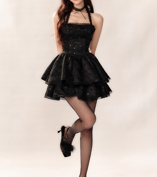 Vestido de fiesta corto de tul con encaje, escote halter y lentejuelas, color negro, corte A, para la vuelta al cole (ED02939)