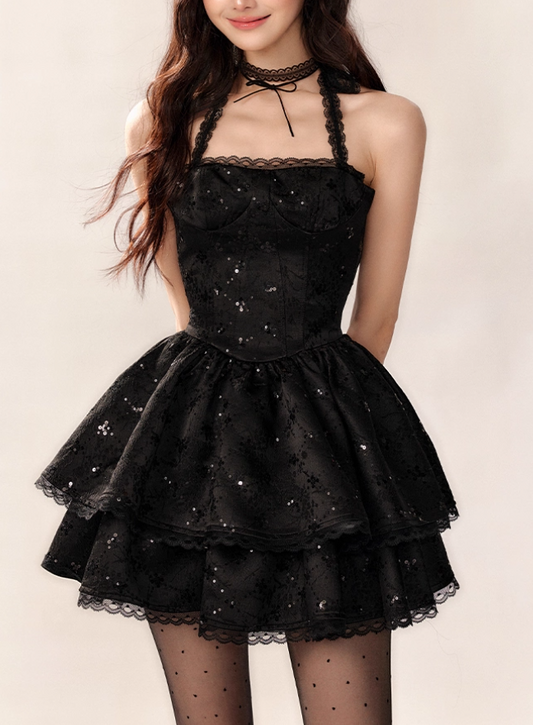 Vestido de fiesta corto de tul con encaje, escote halter y lentejuelas, color negro, corte A, para la vuelta al cole (ED02939)