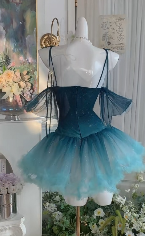 Impresionante vestido de fiesta corto de tul con escote en V en color jade degradado, corte A, escote corazón, para 16 cumpleaños ED02942