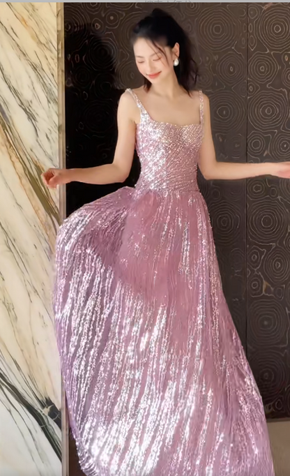 Hermosos vestidos largos de fiesta con escote cuadrado y lentejuelas, corte A, ideales para cumpleaños, ED02953