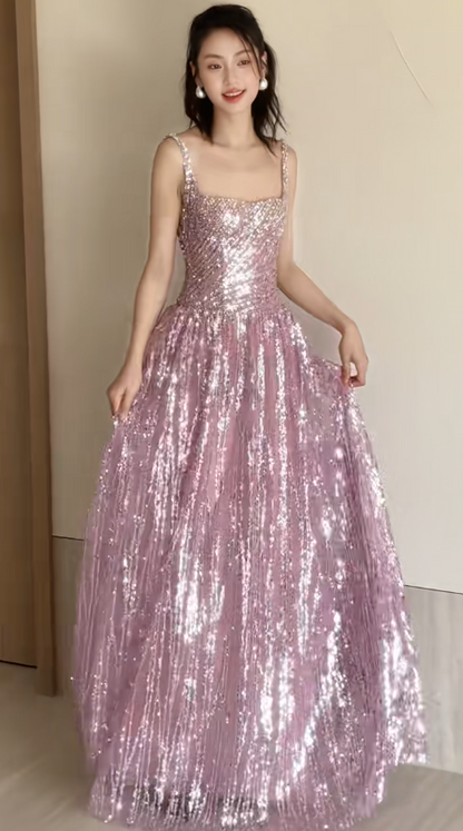 Hermosos vestidos largos de fiesta con escote cuadrado y lentejuelas, corte A, ideales para cumpleaños, ED02953