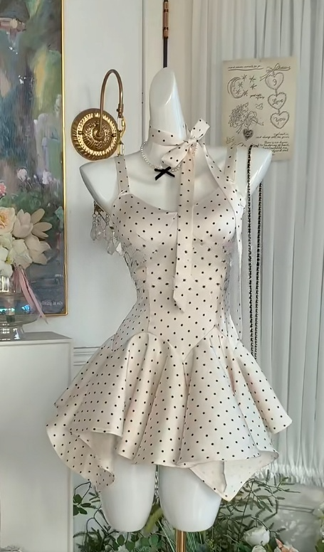Vestido de fiesta corto de satén con tirantes finos color champán claro, corte A, con lunares, para fiesta de cumpleaños, ED03004