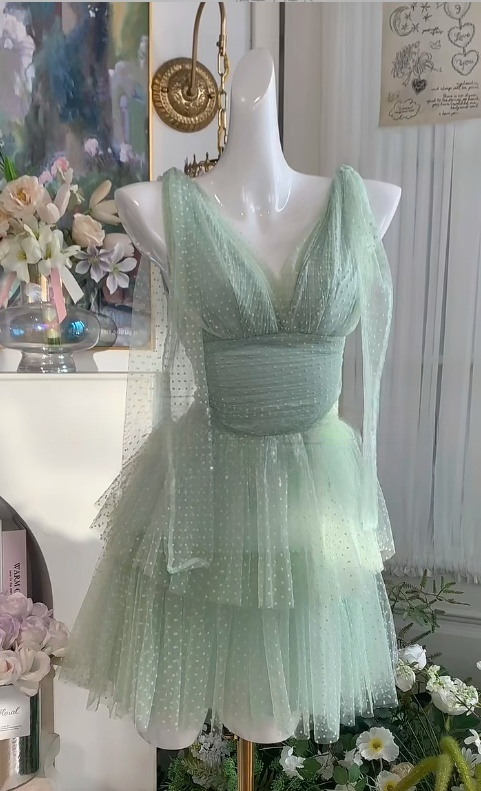 Vestido de fiesta corto de tul con escote en V, corte A, estilo cuento de hadas, para quinceañeras, ED03007