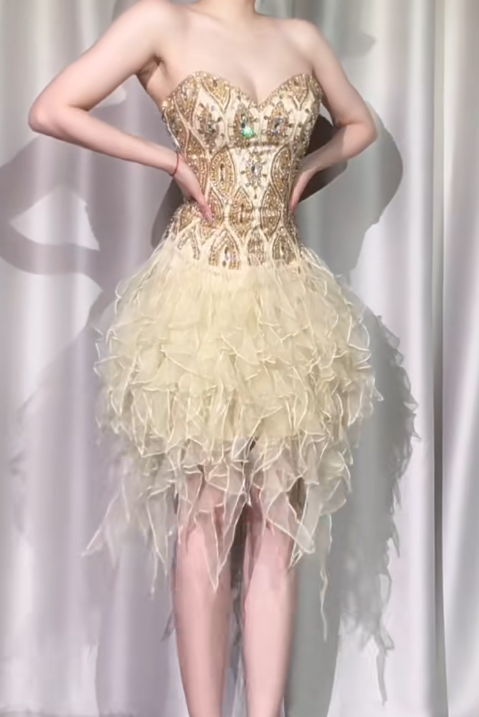 Hermosos vestidos de fiesta cortos de tul con cuentas, corte A, sin tirantes, dorados y vintage, ED03008